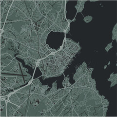Map of Portland in Maine in a smooth dark style. Contains layered vector with roads water, parks, etc.