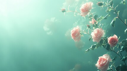 Pastel pink roses in soft morning light with gentle green background
