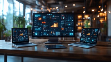 Fototapeta premium Data analysis on screens in modern office