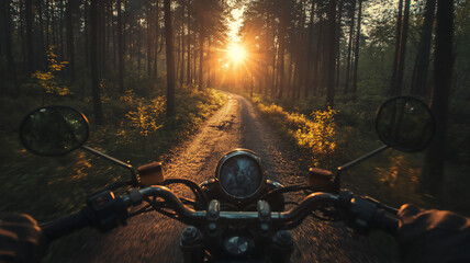 riding a motor during spring in the forest during sunrise with a low Angle 