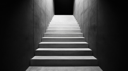 Monochrome concrete staircase illuminated from above, leading to a dark, mysterious opening in a minimalistic and modern architectural space.