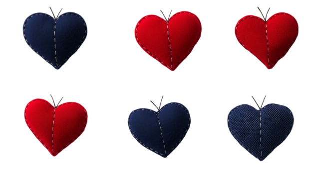 Set of stitched fabric hearts with thread outlines isolated on transparent background, Valentines day love romantic decoration
