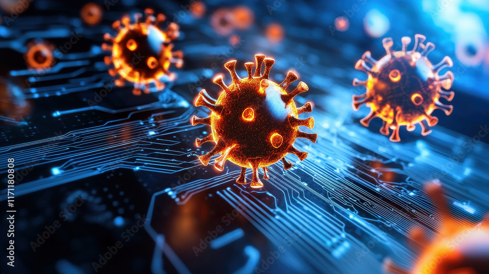 Fototapete abstract representation of cybersecurity threat with virus like structures on digital circuit board, illustrating intersection of technology and health. This evokes sense of urgency and concern