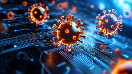 abstract representation of cybersecurity threat with virus like structures on digital circuit board, illustrating intersection of technology and health. This evokes sense of urgency and concern