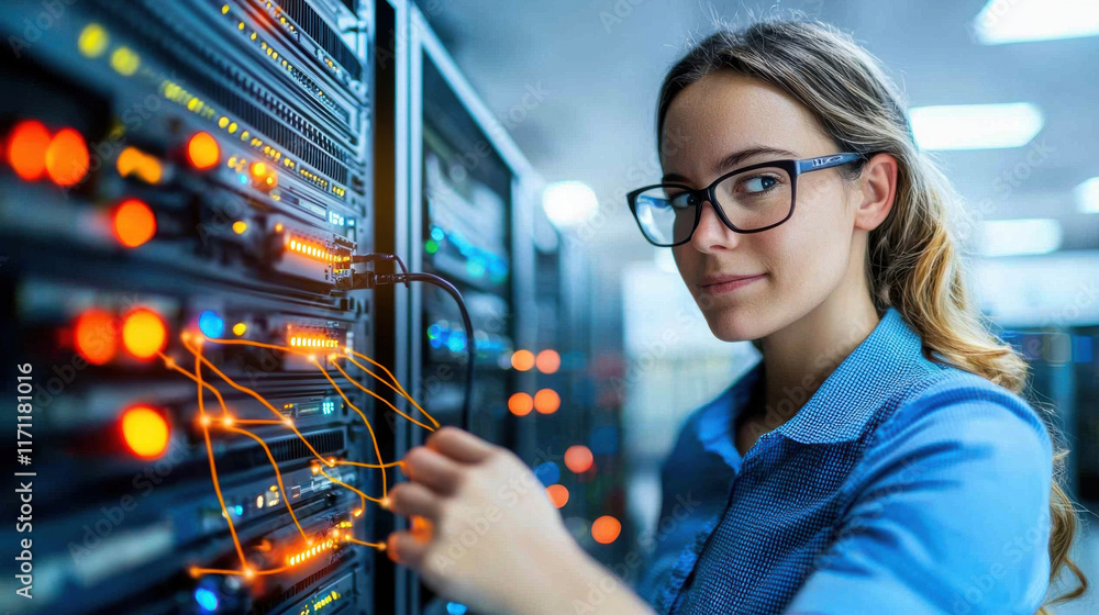 Fototapete engineer examining high performance server rack with glowing lights, showcasing technical expertise 