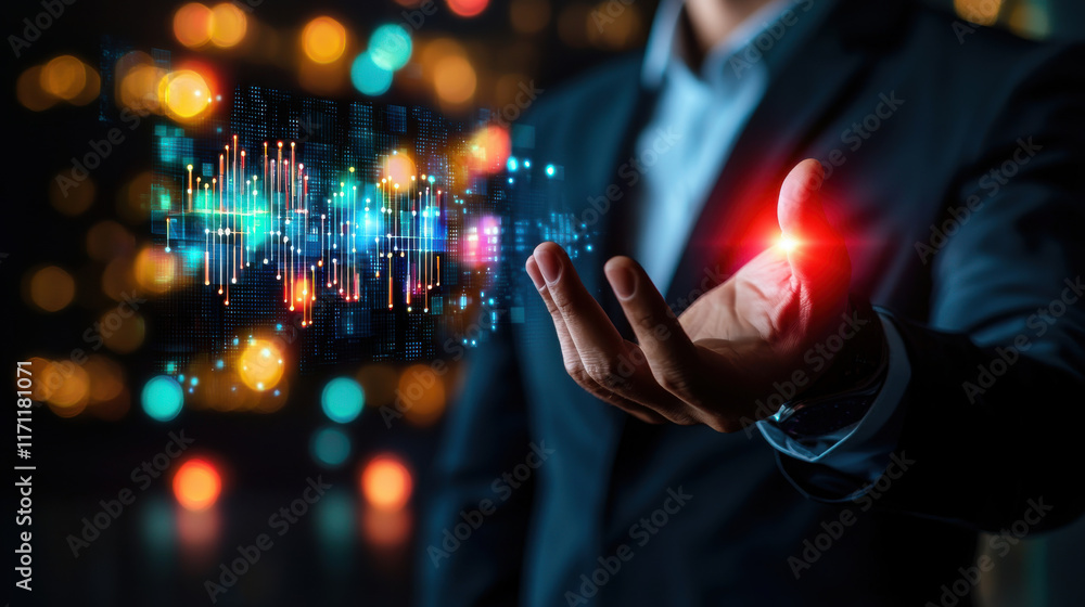 Poster businessman presenting innovative technology with colorful data visualization, showcasing modern dig