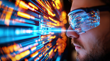Engineer wearing smart glasses, observing data streams and digital information. vibrant colors and dynamic visuals create futuristic atmosphere, showcasing technology impact