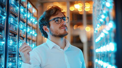 Engineer examining high performance server rack with blue lights, showcasing technology and innovation in modern data center