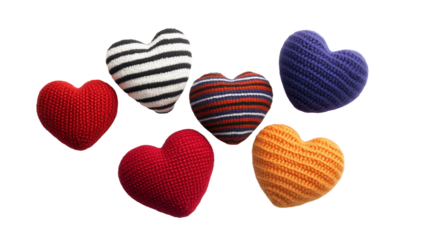 Set of colorful knitted hearts with striped patterns isolated on transparent background, Valentines day love romantic decoration
