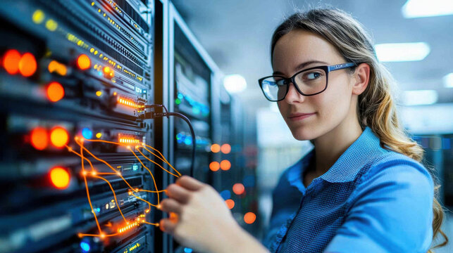 Engineer examining high performance server rack with glowing lights, showcasing technical expertise and focus in modern data center environment
