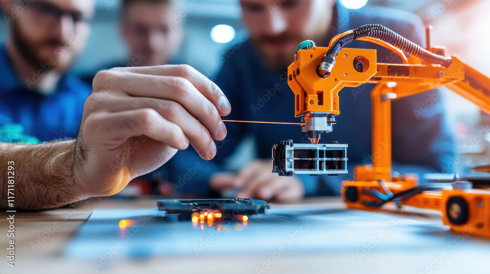 Poster Engineering team using 3D printing technology to create prototypes, showcasing innovation and teamwork in modern workspace