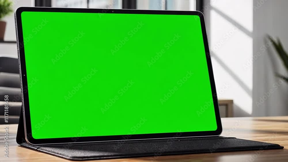 Poster this sleek tablet with a green screen is placed on a wooden desk in a bright workspace.