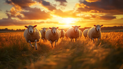 running sheep during sunset in a grassfield with a eye-level angle 