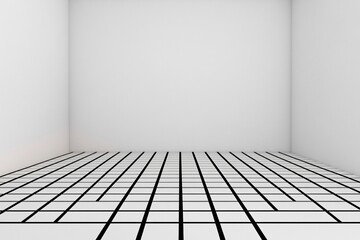 Futuristic White Space with Symmetrical Black Grid Patterns and Glowing Central Panel