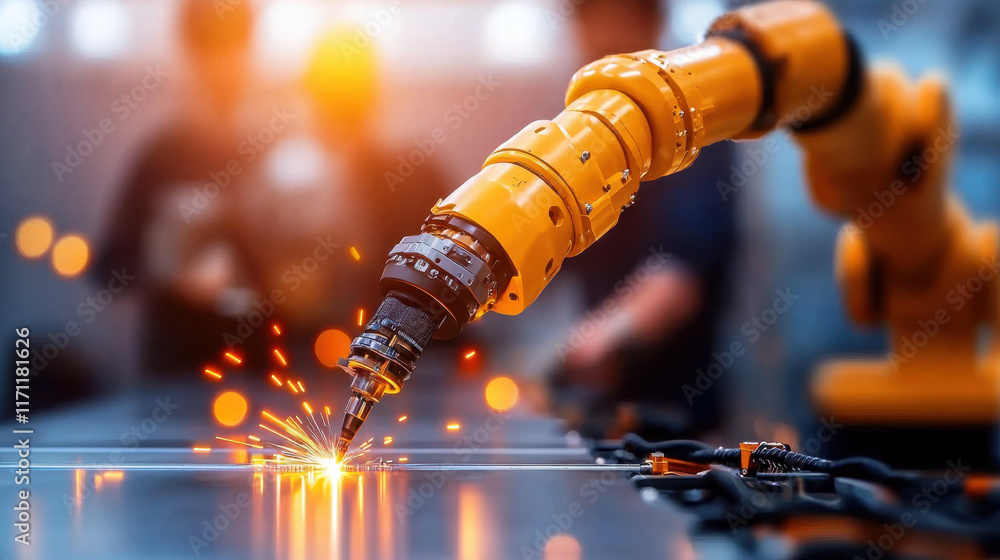 Aufkleber automated industrial robot welding components with sparks flying, showcasing advanced technology in 