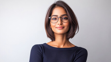 young indian woman wearing eyeglasses standing on white background