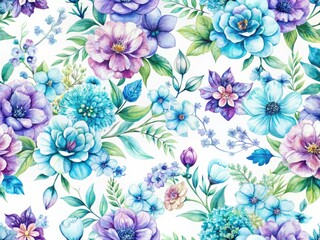 Hand-painted lilac, blue, and turquoise floral textile design. Delicate allover print, artistic surface design.