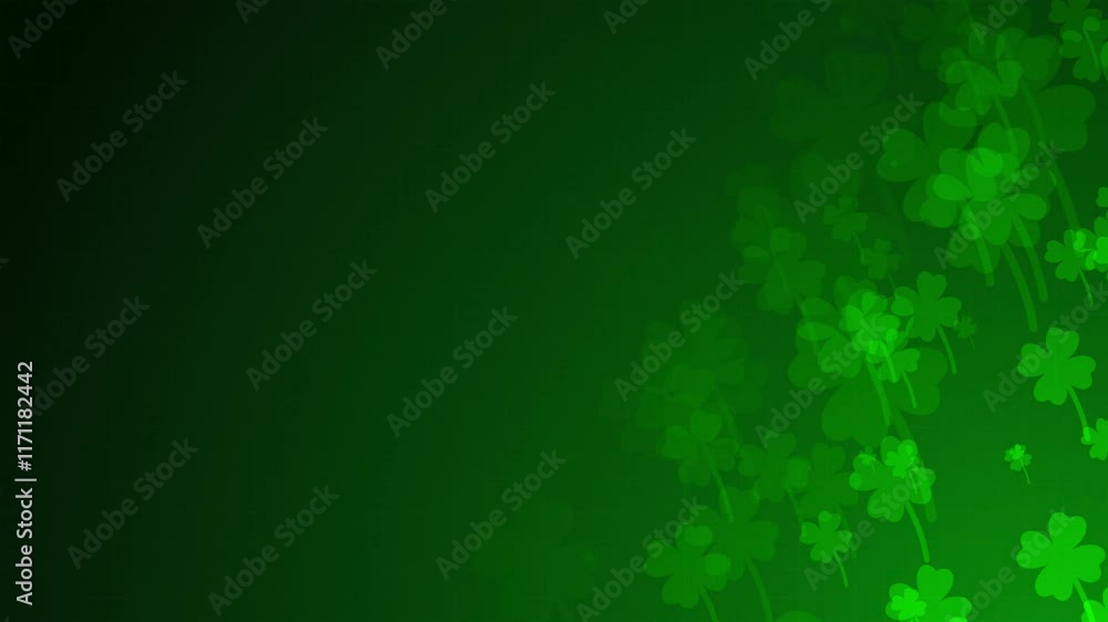 Poster green four-leaf clover shapes are moving from the bottom right of a gradient grid abstract backgroun