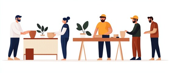A group of people engaged in potting plants, showcasing teamwork and gardening skills in a vibrant, illustrated setting.