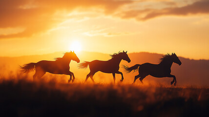 running horses during sunset in a mountain with a low Angle 