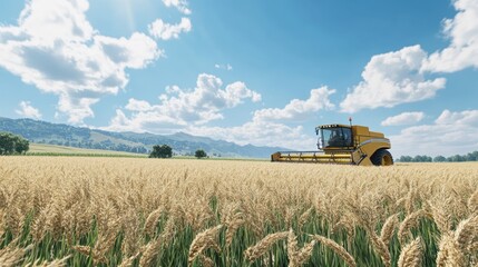 Fototapeta premium Golden wheat field with combine harvester under a vibrant blue sky.