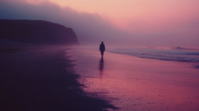 A solitary figure walks on a beach.