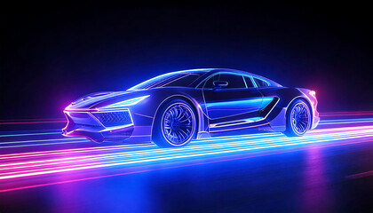 Obraz premium Futuristic Modern sports car driving high speed with neon light, neon line futuristic technology 3D rendering illustration design concept. Futuristic car driving for automotive, ev car, advanced tech.