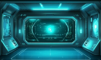 Obraz premium Futuristic spaceship control room with glowing screens and data interface