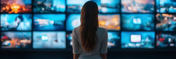 A contemplative figure stands before digital screens, surrounded by vibrant visuals, representing the convergence of human observation and technological advancements.