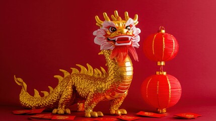 Fototapeta premium Golden Dragon Sculpture with Red Lanterns and Lucky Cards for Chinese New Year Celebration, Symbolizing Prosperity, Power, and Good Fortune in Traditional Culture