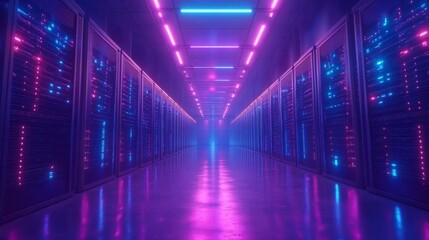 Futuristic Data Center with Glowing Server Racks