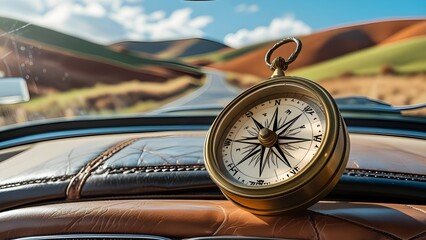A compass on a car dashboard with a panoramic view of rolling hills ahead