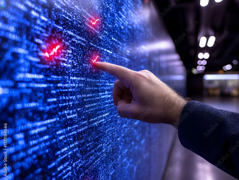 Poster man interacts with digital code, highlighting lines, in a futuristic urban setting