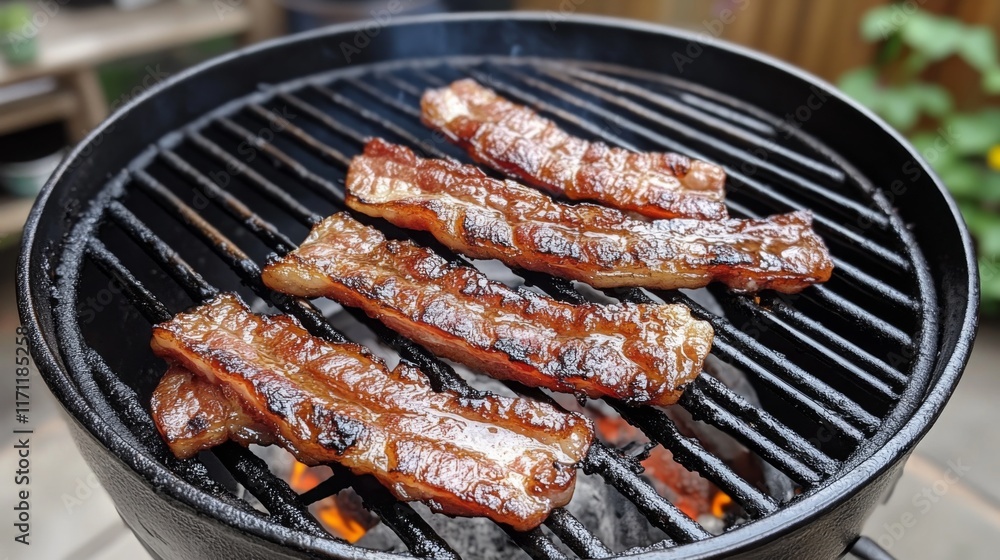 Poster bacon strips resting on a grill, with char marks and sizzling fat, creating a smoky, crispy texture 