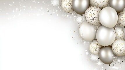 Bright white and gold balloons fill the space, surrounded by scattered confetti, creating a lively atmosphere for celebration