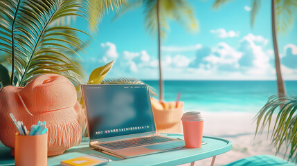 Tropical Beach Workspace with Laptop