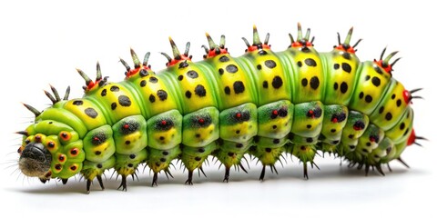 High-resolution macro: Crepuscular Burnet caterpillar, vibrant green, detailed wildlife close-up.