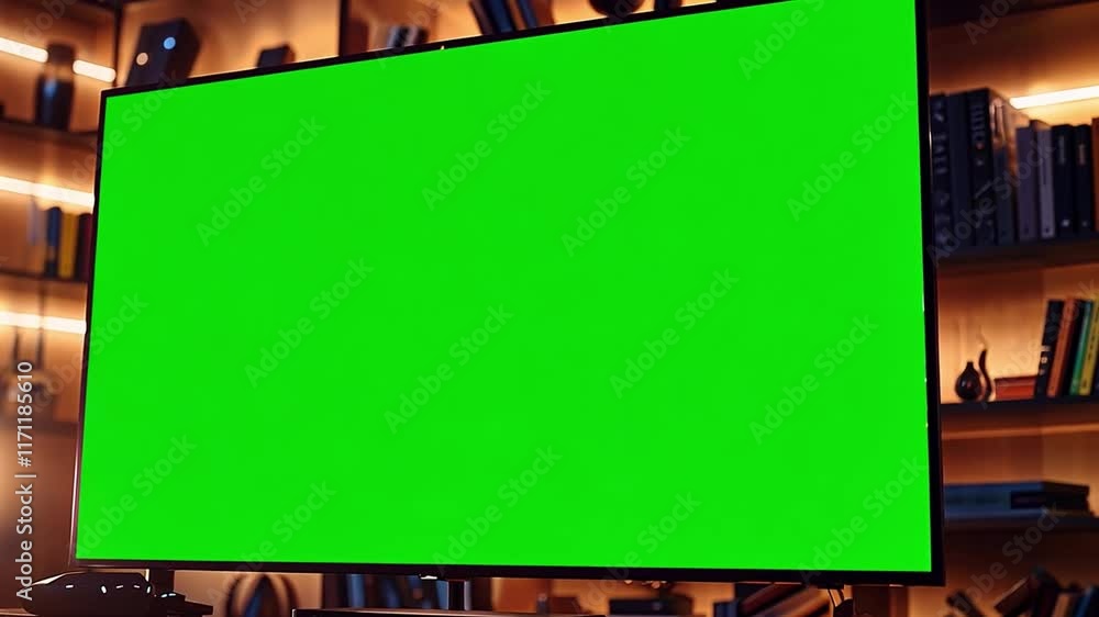 Poster this bright green screen set up for chromakey use in a contemporary studio environment.