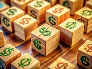 Tilt-Shift Miniature Wooden Blocks with Financial Symbols - Business Concept Stock Photo