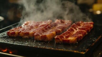 Bacon strips sizzling on a griddle, with smoke rising as the fat bubbles and the edges turn crisp and golden brown.