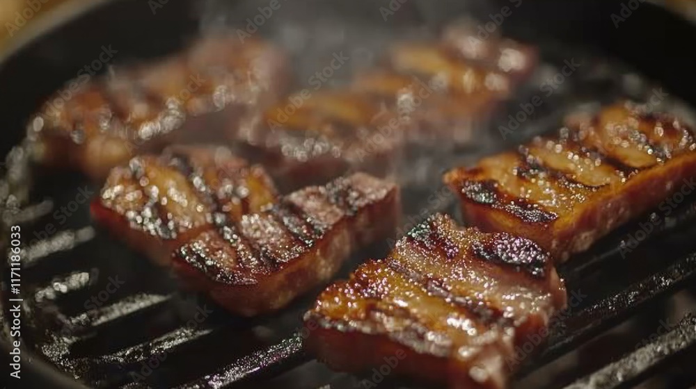 Poster close-up of bacon slices sizzling on a grill, with char marks and golden fat dripping off the crispy