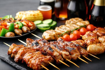 Grilled meat skewers with vegetables, cherry tomatoes, and drinks on a table at a barbecue gathering.