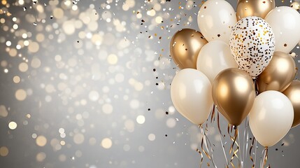 Bright white and gold balloons fill the space, surrounded by scattered confetti, creating a lively atmosphere for celebration