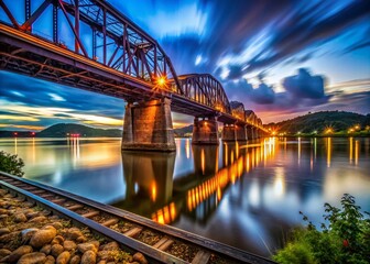 Fototapeta premium Time-Lapse: Ohio River & Train Bridge, Beaver County, Pennsylvania - Night Photography
