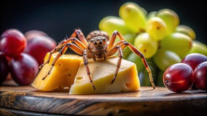 Naklejka premium Tiny Sac Spider on a Plate of Gourmet Cheese and Grapes