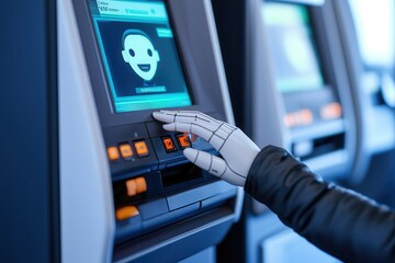Fototapeta premium The Internet of Things powers smart grids for energy management. Robotic hand interacting with a digital ATM interface.