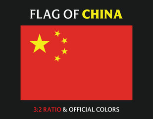National flag of China with official colors and 3:2 aspect ratio, Vector illustration of China flag badge, China flag drawing with correct proportions, Accurate dimensions vector image drawing eps 10