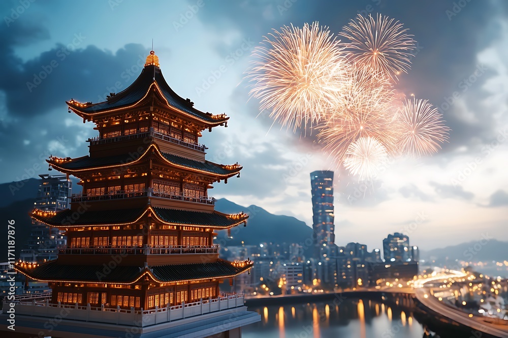 Poster mesmerizing display of vibrant fireworks illuminating the stunning architecture of a traditional pag