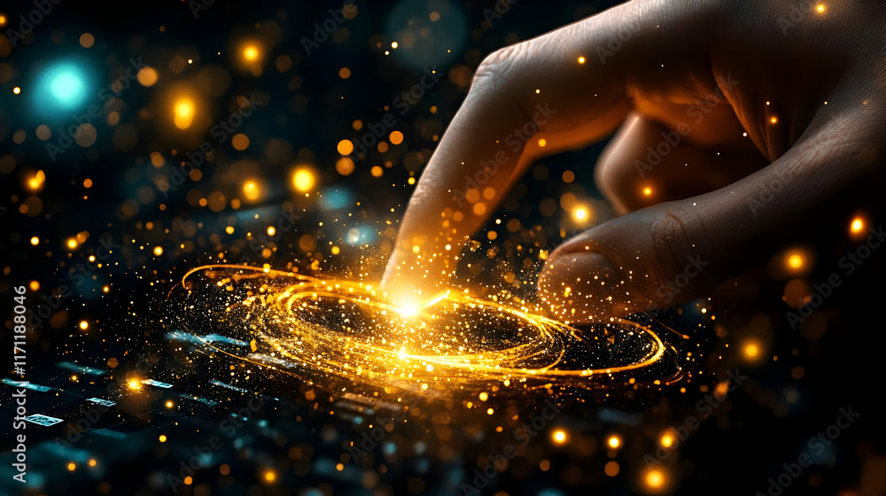 Poster fingertip touches glowing keyboard; digital innovation; dark background; website design