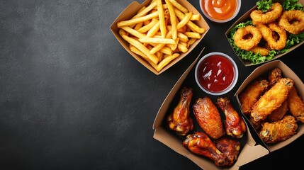 Fried Chicken Wings, Onion Rings and French Fries in Takeaway Boxes